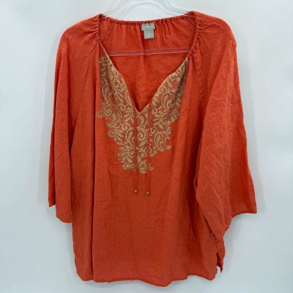 CHICO's Linen Shirt Women Size 3 / XL Lace Appliqué Boho Beachy 3/4 Sleeve Top
